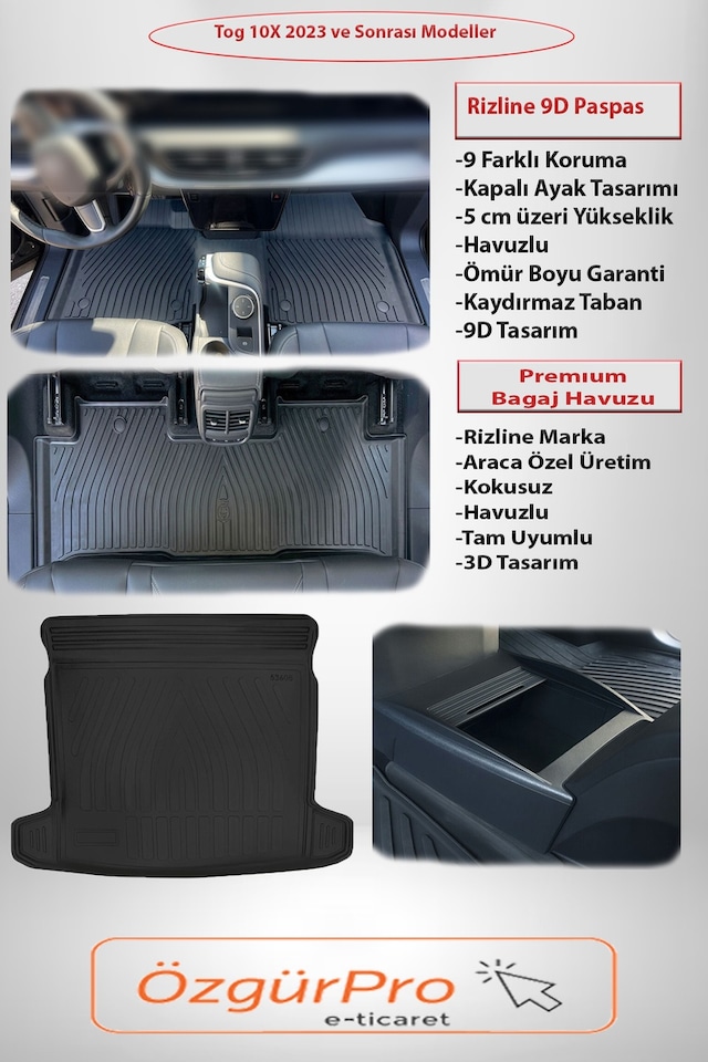 Rizline Premium Tog T10x 2023 Ve Sonrası 9d Paspas-premıum Bagaj Havuzu Siyah Organizer Set