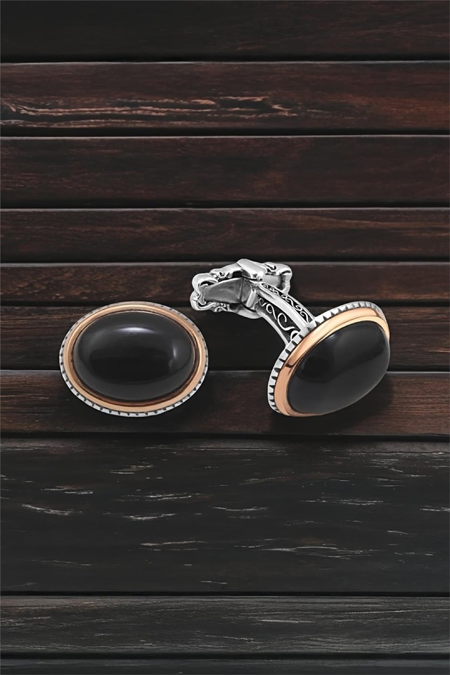 Gümüş Siyah Onix Oval Taşlı Kol Düğmesi -5716 Gümüş