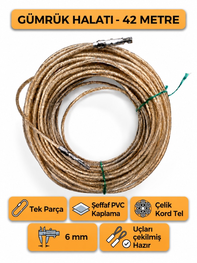Tır Dorse Kamyon Konteyner Gümrük Halatı Galvanizli Çelik Tel 42 Metre 6mm