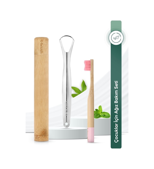 Tbrush Pembe Bambu Diş Fırçası - Soft (yumuşak) + Paslanmaz Çelik Dil Temizleyici + Diş Fırçası Kabı