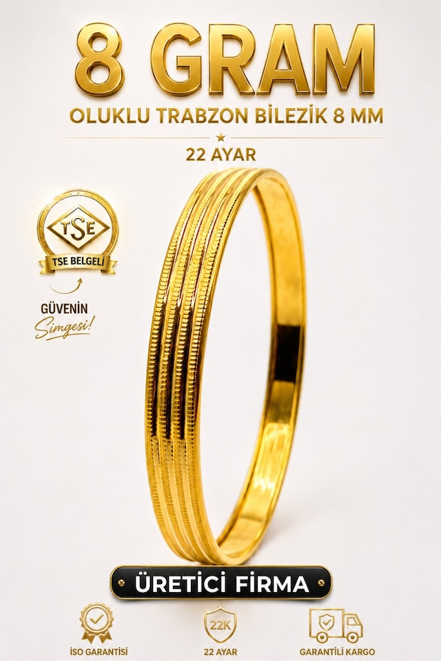 22 Ayar Tse Belgeli 8 Gram Oluklu Trabzon Bilezik 8 Mm Gold Altın Bilezik Düğün Nişan