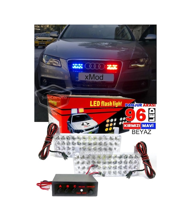 96 Led 3 Modlu Panjur İçi Çakar Led Panjur Arası Çakar Kırmızı Mavi 48x2 Led Lamba Flaşlı Polis Işığı 12v 00 Şüscaroto Aksesuar