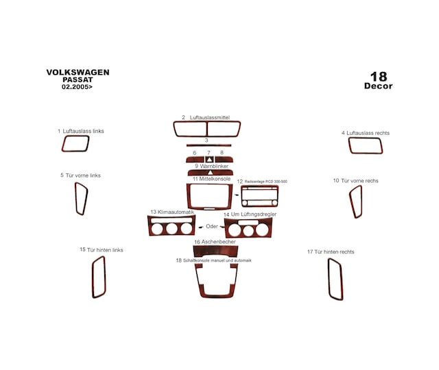 Volkswagen Passat Uyumlu Torpido Kaplama 2005-2010 18 Parça Maun