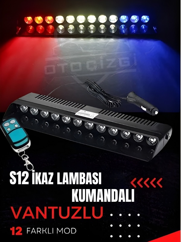 S12 Kumandalı Vantuzlu İkaz Lambası 12 Mod Kırmızı Beyaz Mavi Led Uyarı Işığı