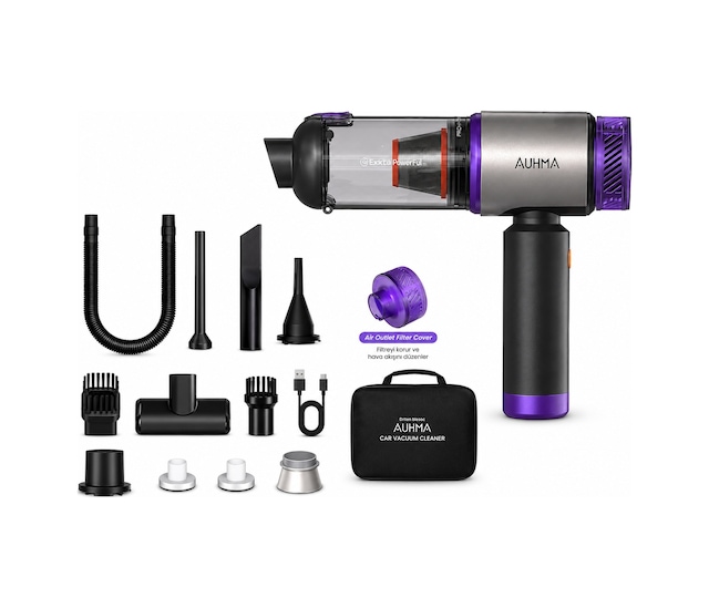 Auhma Ahv-27 22.000pa Kablosuz Araç İçi El Süpürgesi 220w Güçlü Motor 9.000mah Şarjlı Hava Üfleyici Araç & Ev Temizlik Süpürgesi Mor