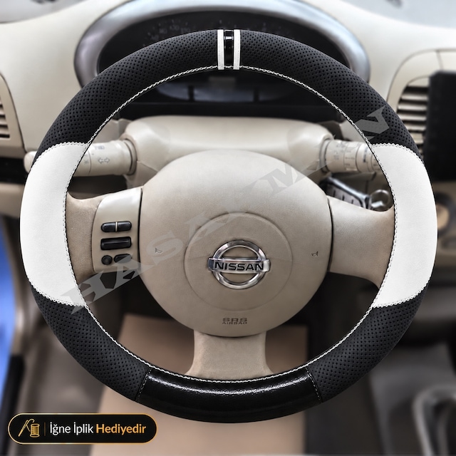 Nissan Micra K12 Dikme Direksiyon Kılıfı Delikli Deri Parlak Siyah Beyaz Detay Çift Yüzük Ve Dikiş Tekna-mood-solu Tuşlu 2003-2010