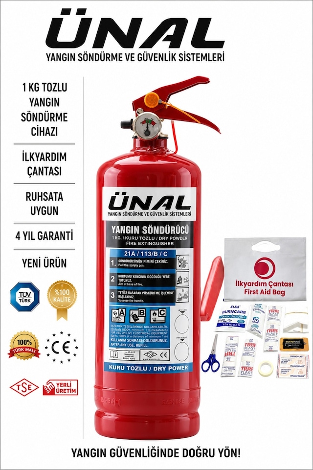 1 Kg Tozlu Yangın Söndürücü + İlk Yardım Çantası Ruhsata Uygun Araç İçin Ev İçin