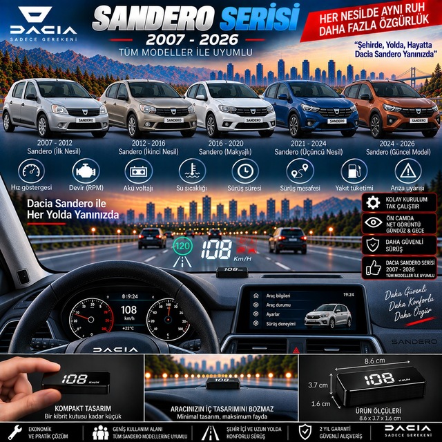 Dacia Sandero 2007-2026 Modeller İçin Head Up Display Hayalet Gösterge Ekranı Ön Cam Hız Göstergesi