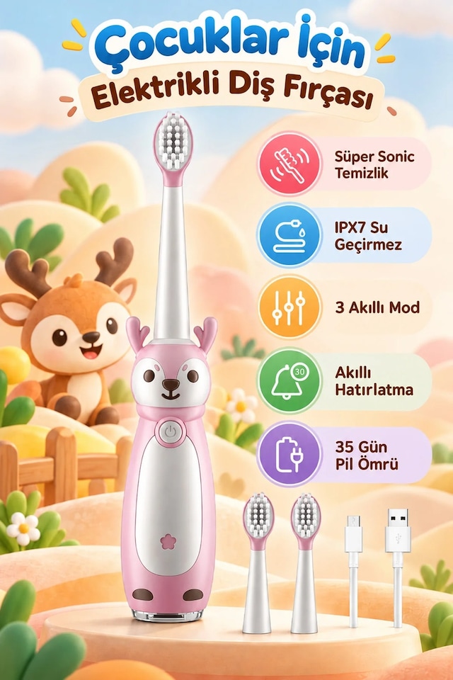 Exenar - Pembe - Çocuk Şarjlı Sonic Elektrikli Diş Fırçası 3 Akıllı Modlu Ipx7 Su Geçirmez Titreşimli Yumuşak Kıllı