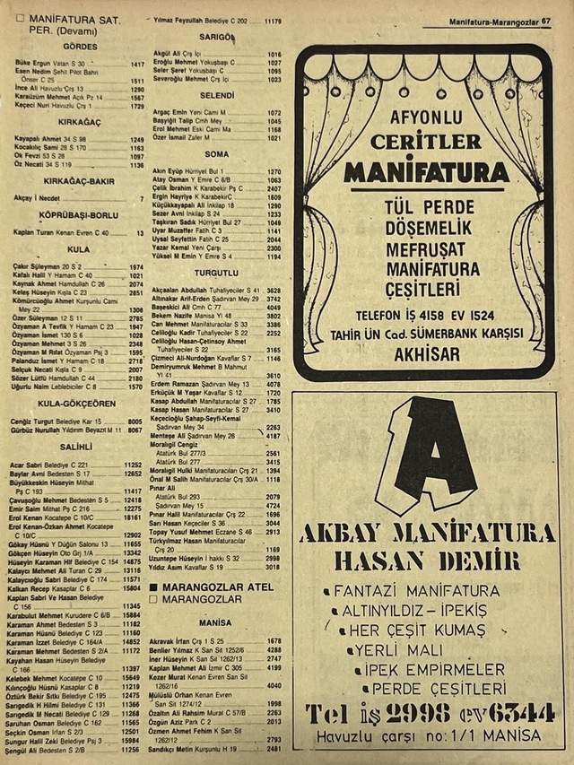 Manisa 1987 Meslek Reklam İlanı Efemera S-67 Teşhir Ürün