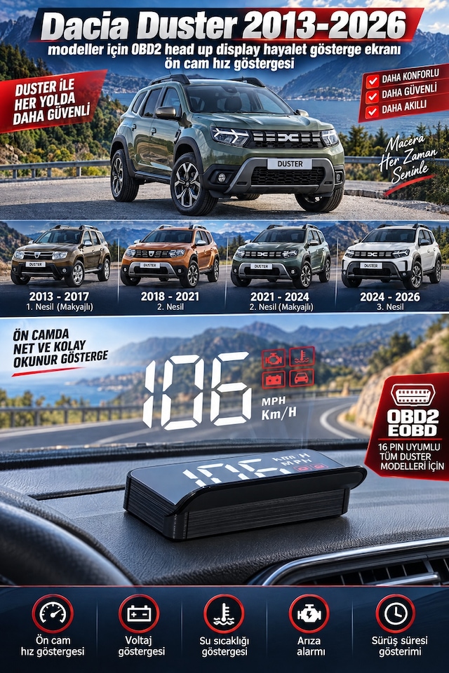 Dacia Duster 2013-2026 Modeller İçin Obd2 Head Up Display Hayalet Gösterge Ekranı Ön Cam Hız Göstergesi