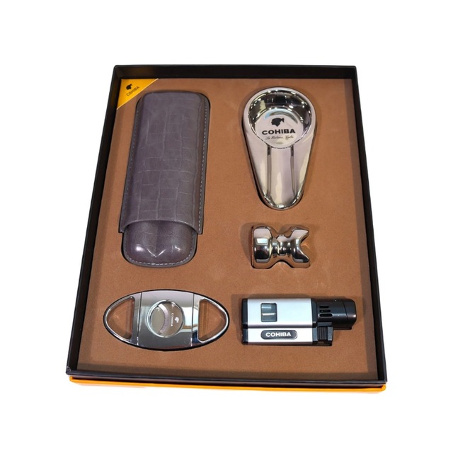 Cohiba 3 Torch Pürmüz Çakmak Kılıf Küllük Kesici Sehpa Gümüş Beşli Puro Seti Tr10029