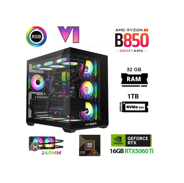 Xaser LEXUS X690 R7-7800X3D 32 GB 1 TB M.2 NVMe SSD 16 GB RTX5060 Ti Free Dos Masaüstü Oyuncu Bilgisayarı