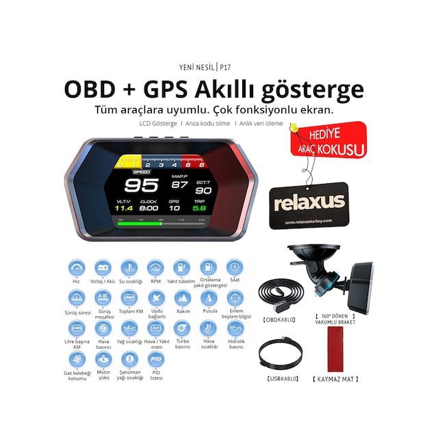 OBD + OBD 2 + GPS Çift Modlu Araç HUD LCD Ekranlı Akıllı Gösterge ve Arıza Tespit Cihazı Koku Hediye
