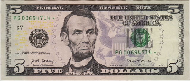 Amerika 5 Dolar 2017. Seri No Pg 00694714 Replacement. Star Note. Çok Çok Temiz