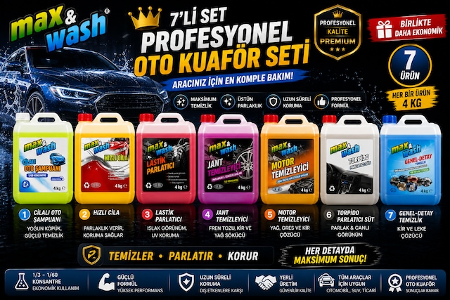 Max&wash 7'li Profesyonel Oto Kuaför Seti 7x4 Kg Cilalı Oto Şampuan + Hızlı Cila + Lastik Parlatıcı + Jant Temizleyici + Motor Temizleyici + Torpido Parlatıcı + Genel Detay Temizleyici