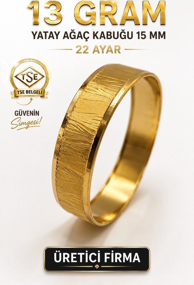 22 Ayar Tse Belgeli 13 Gram Yatay Ağaç Kabuğu 15 Mm Ajda Altın Bilezik İşçiliksiz Yatırımlık