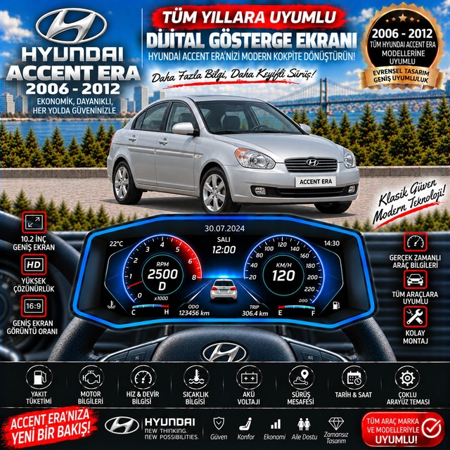 Hyundai Accent Era 2006-2012 İçin Digital Gösterge Odb Ekran Arıza Göstergesi Turbo Gösterge Hayalet Ekran