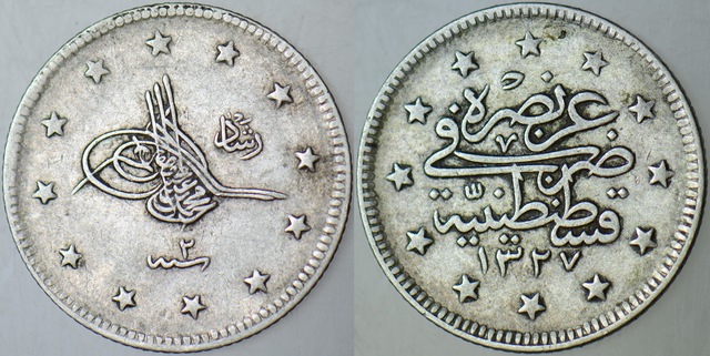 V. Mehmet Reşat Gümüş 2 Kuruş 1327/2 Kostantiniyye Darbı.