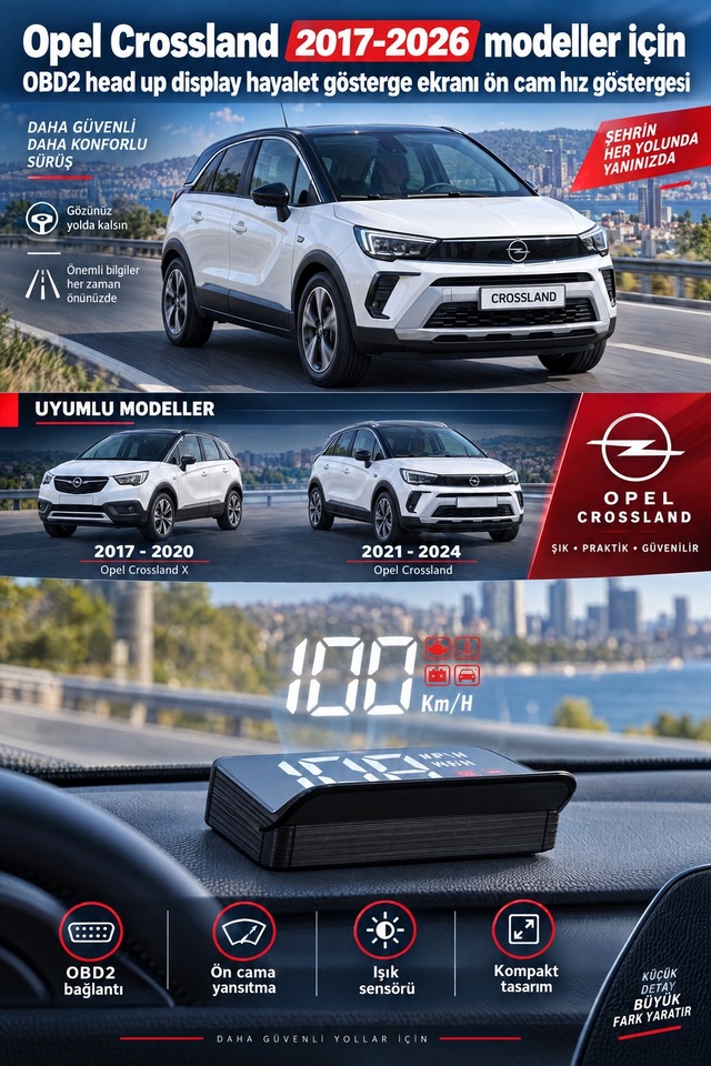 Opel Crossland 2017-2026 Modeller İçin Obd2 Head Up Display Hayalet Gösterge Ekranı Ön Cam Hız Göstergesi