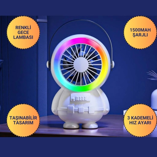 Polham 3 Kademeli Gece Lambalı 1500mah Şarjlı Taşınabilir Serinletici Vantilatör Fan, Ultra Sessiz