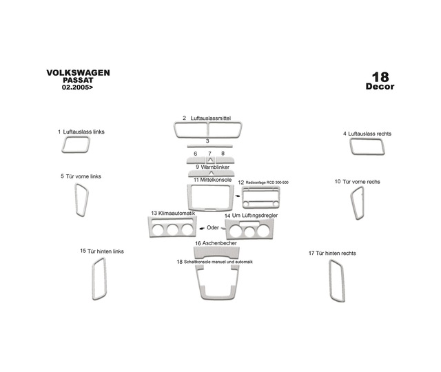 Volkswagen Passat Uyumlu Torpido Kaplama 2005-2010 18 Parça Alüminyum