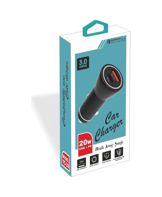 Pdateknoloji Yetty 20w Usb + Pd Hızlı Araç Şarj Cihazı Siyah Yc-20 Yerli Üretim