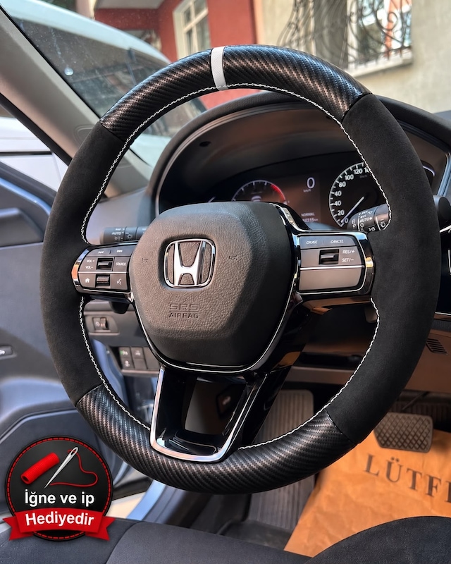 Honda Cr-v Dikme Direksiyon Kılıfı Alcantara Süet Mat Karbon Beyaz Yüzük Ve Dikiş 2023-2026