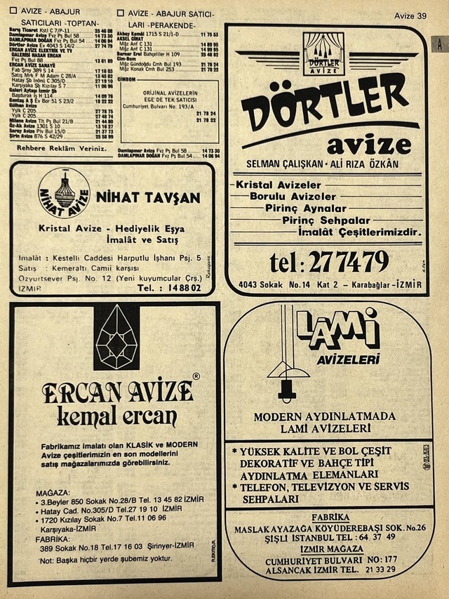 İzmir 1982-1983 Meslek Reklam İlanı Efemera S39 Teşhir Ürün