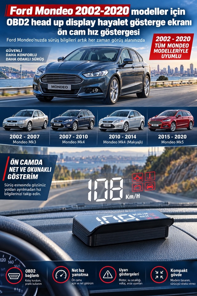 Ford Mondeo 2002-2020 Modeller İçin Obd2 Head Up Display Hayalet Gösterge Ekranı Ön Cam Hız Göstergesi