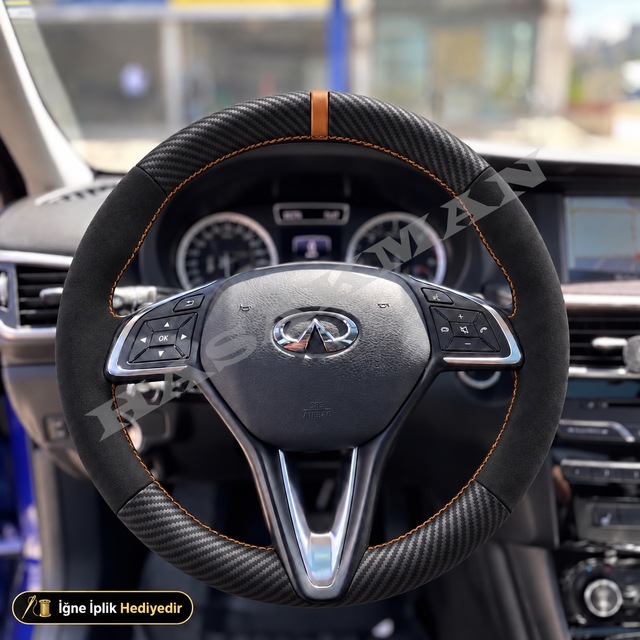 Infiniti Q30 Dikme Direksiyon Kılıfı Alcantara Süet Mat Karbon Taba Yüzük Ve Dikiş Premium-sport-city Black 2016-2020