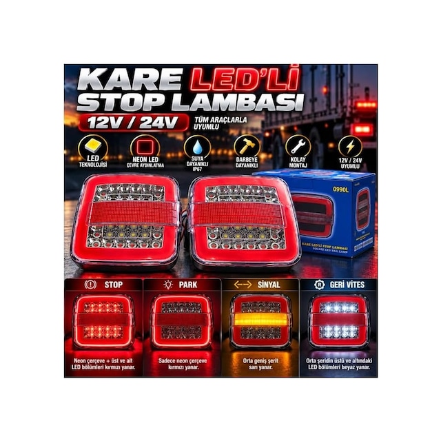 Tr 2'li Set 12v-24v Uyumlu Neon Led'li Kare Stop Lambası Fonksiyonel Stop Park Sinyal Geri Vites Kamyonet Kamyon Römor
