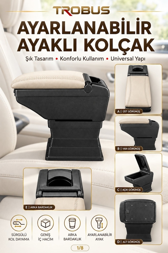 Trobus Renault Clio 3 2005-2012 Uyumlu Ayarlanabilir Ayaklı Kolçak Kol Dayama Bardaklıklı Bej Siyah