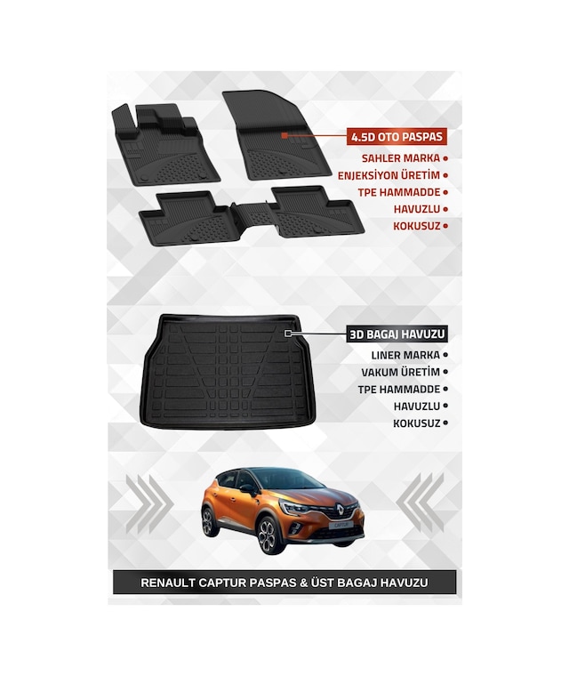 Sahler Renault Captur 2020+ Uyumlu 4.5d Premium Havuzlu Paspas Ve Liner Marka 3d Üst Bagaj Havuzu