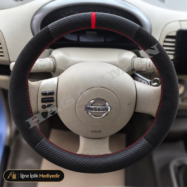 Nissan Micra K12 Dikme Direksiyon Kılıfı Alcantara Süet Mat Karbon Kırmızı Yüzük Ve Dikiş Tekna-mood-solu Tuşlu 2003-2010