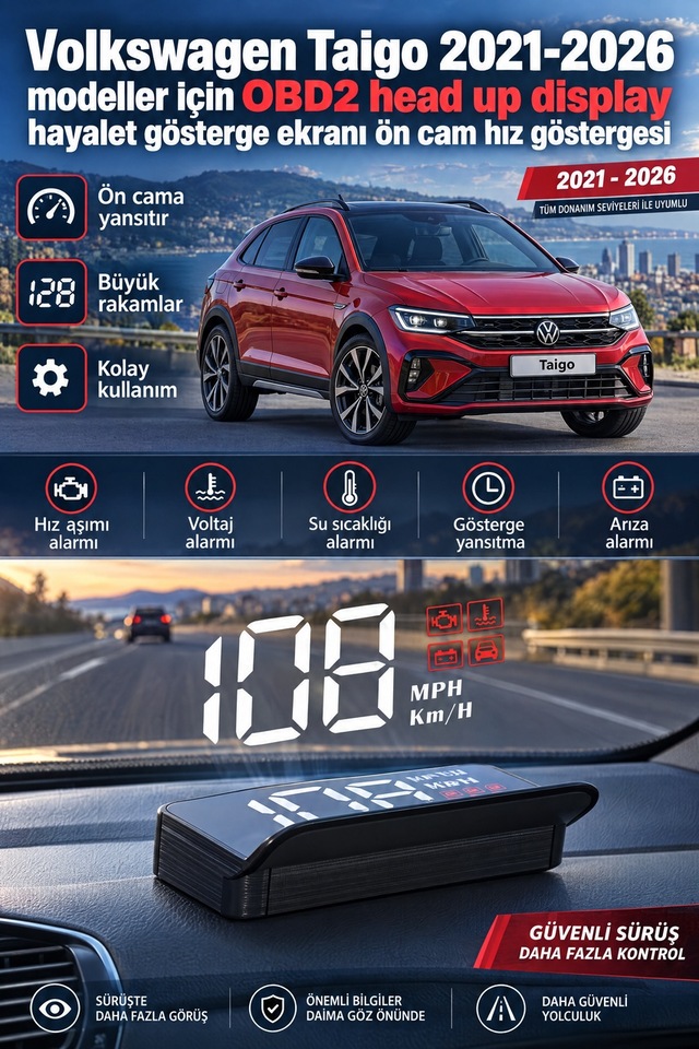 Volkswagen Taigo 2021-2026 Modeller İçin Obd2 Head Up Display Hayalet Gösterge Ekranı Ön Cam Hız Göstergesi