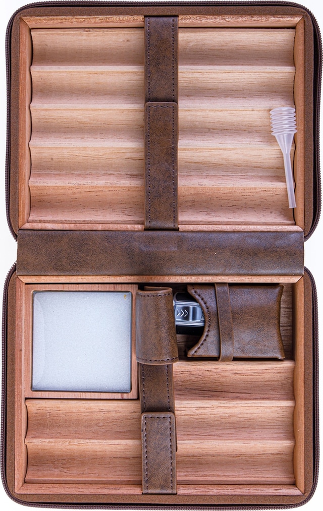 Cohiba Xl Açık Kahverengi Dahili Çakmak Deri Puro Taşıma Çantası & Seyahat Humidoru - Tr8241