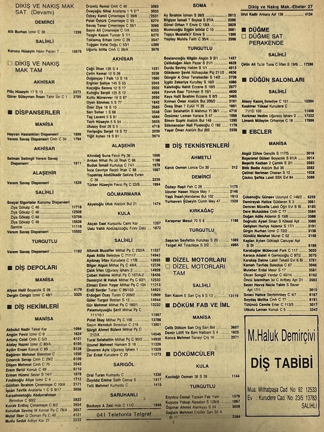 Manisa 1987 Meslek Reklam İlanı Efemera S-27 Teşhir Ürün