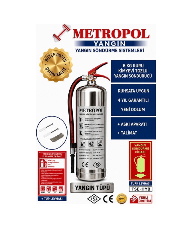 6 Kg Metalik Krom Tozlu Yangın Söndürücü, Yangın Söndürme Cihazı, Yangın Tüpü, Yangın Söndürme, - 910203981