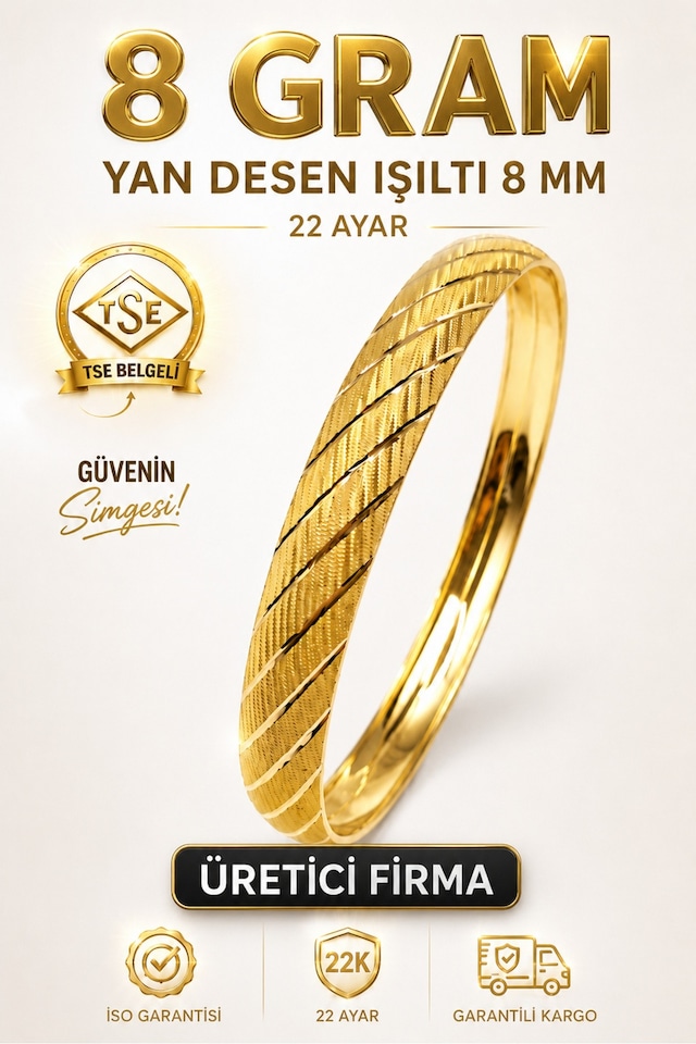 22 Ayar Tse Belgeli 8 Gram Yan Desen Işıltılı İşçiliksiz Altın Bilezik 8 Mm Gold Ajda Düğün