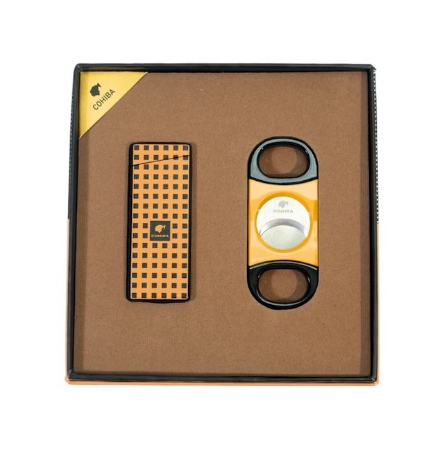 Cohiba Tek Torch Dama Desenli Çakmak Sarı Siyah Kesici İkili Puro Seti Tr9843
