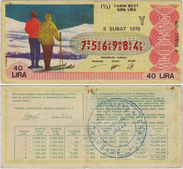 Eski Milli Piyango 1/2 Bilet 9 Şubat 1979 Yarım. Kış Ve Kayak Temalı. 40 Lira. Teşhir Ürün