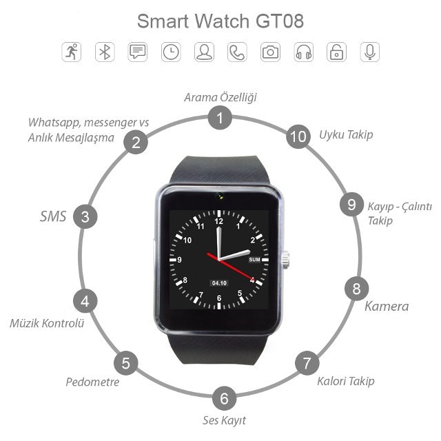Gt08 Smart Watch Kamerali Akilli Saat Hafiza Kart Sim Kart Fiyatlari Ve Ozellikleri