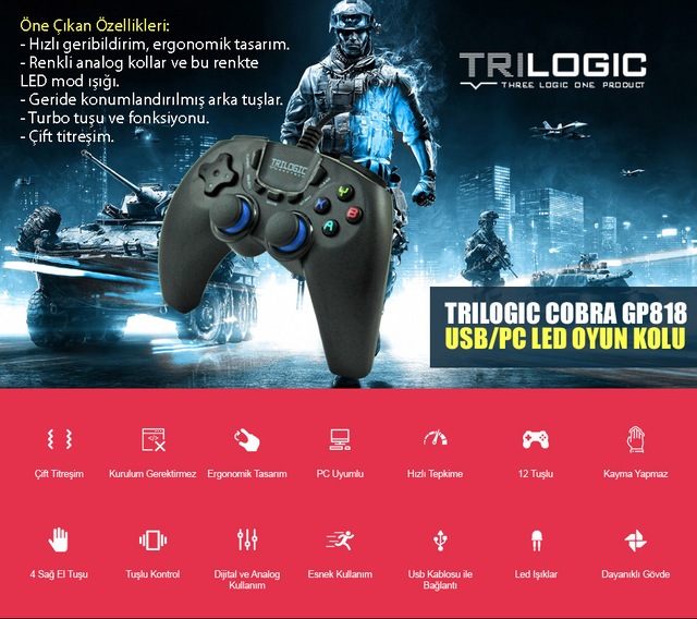trilogic cobra gp818 turbo usb gamepad pc oyun kolu joystick