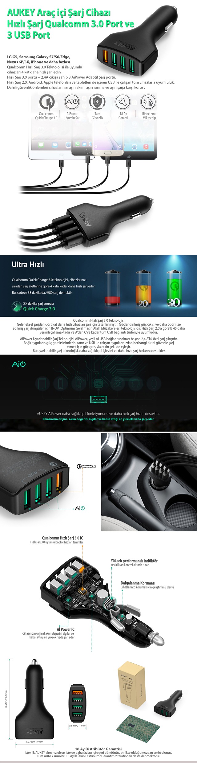 Aukey Cc T9 4port Arac Sarj Cihazi Qc 3 0 Micro Usb Cable 1mt Fiyatlari Ve Ozellikleri
