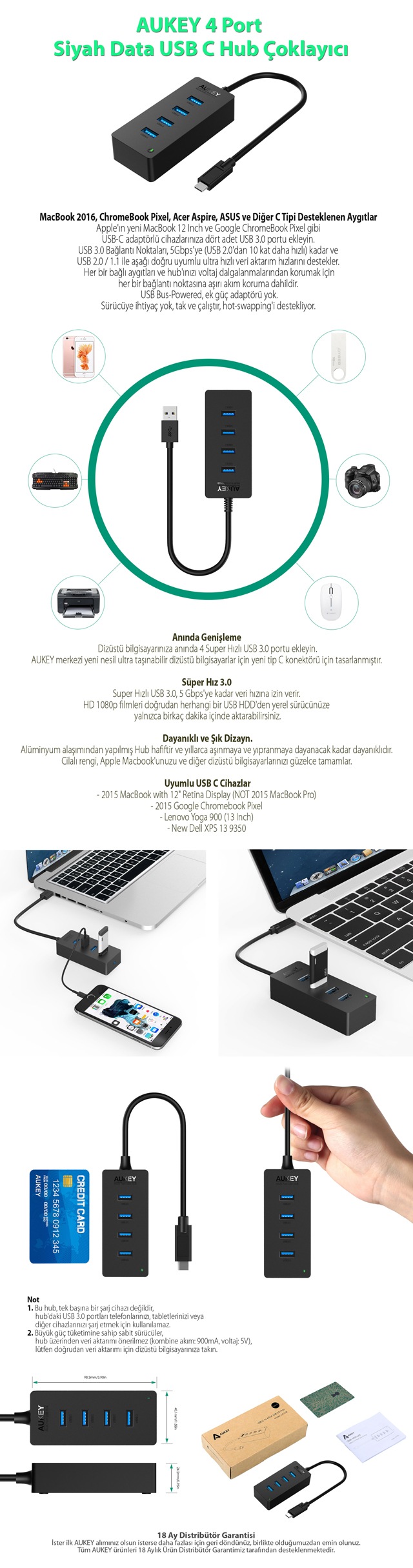 Aukey Cb C28 4 Port Siyah Data Usb C Hub Coklayici Fiyatlari Ve Ozellikleri