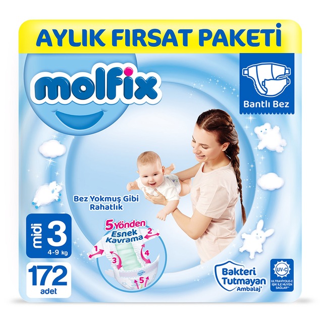 molfix bebek bezi 3 numara midi aylik firsat paketi 172 adet fiyatlari ve ozellikleri