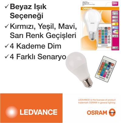 osram led uzaktan kumandali renk degistiren 9w 806 lm e27 ampul b fiyatlari ve ozellikleri