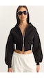 Shade Kadın Fermuarlı Kapüşonlu Belden Oturmalı Esnek Örme Crop Sweatshirt 60283858 - Siyah