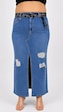 Büyük Beden Denim Kemerli Yırtmaçlı Kalem Etek Mavi